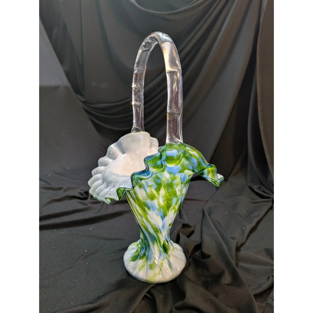 Fenton Murrhina Blue Green Aventurine Glass Handle Ruffle Basket 11